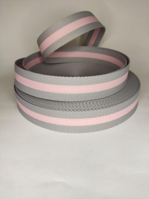 ALÇA LISTRADA 3CM CINZA COM ROSA BEBÊ