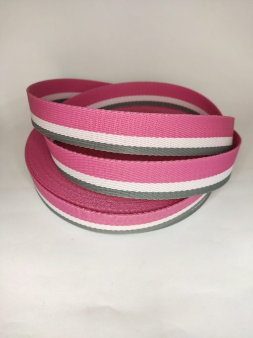 ALÇA LISTRADA 3CM ROSA PINK, BRANCO E CINZA